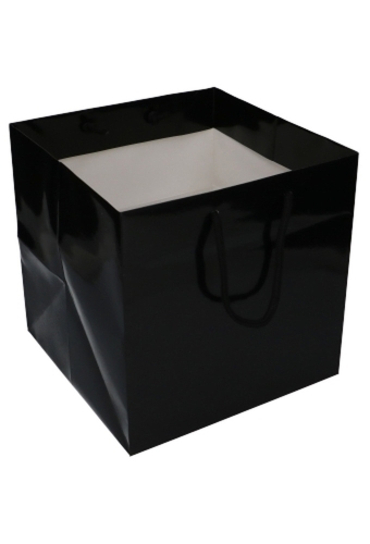 Kadotasjes Rome Uni Zwart Glanzend Met Koord 25x25x25cm Extra Diep 10st