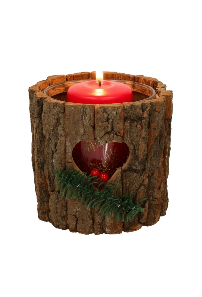 Kandelaar Wood Christmas Met Glazen kaarsenhouder 12cm x 15cm 12stuks