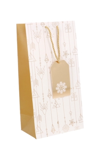 Kerst Wijntasjes 2 Flessen Kerstmis Wit Goud 18x9x36cm 9stuks