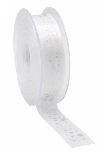 Kerstlint Satijn Lint Christmas Stars Rain Wit & Zilver 23mm x 25meter