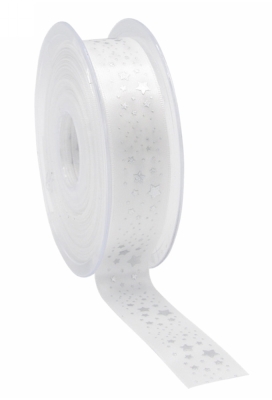 Kerstlint Satijn Lint Christmas Stars Rain Wit & Zilver 23mm x 25meter