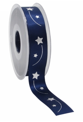 Kerstlint Satijn Lint Christmas Sterren Blauw & Zilver 23mm x 25meter
