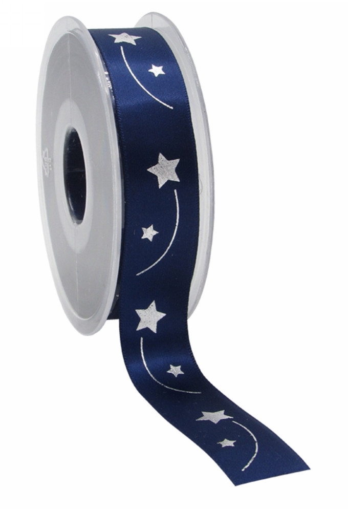 Kerstlint Satijn Lint Christmas Sterren Blauw & Zilver 23mm x 25meter