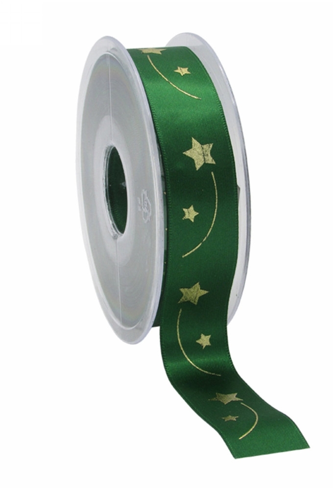 Kerstlint Satijn Lint Christmas Sterren Groen & Goud 23mm x 25meter