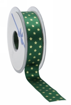 Kerstlint Satijn Lint Twinkling Stars Groen & Goud 23mm x 25meter
