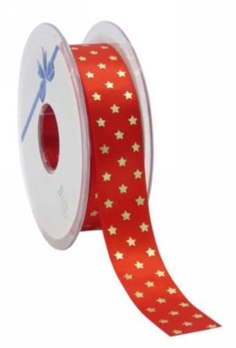 Kerstlint Satijn Lint Twinkling Stars Rood & Goud 23mm x 25meter
