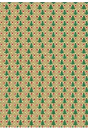 Kerstpapier Bruin Kraft Trees With Groen Rood Wit 40cm x 250meter