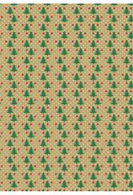 Kerstpapier Bruin Kraft Trees With Groen Rood Wit 40cm x 250meter