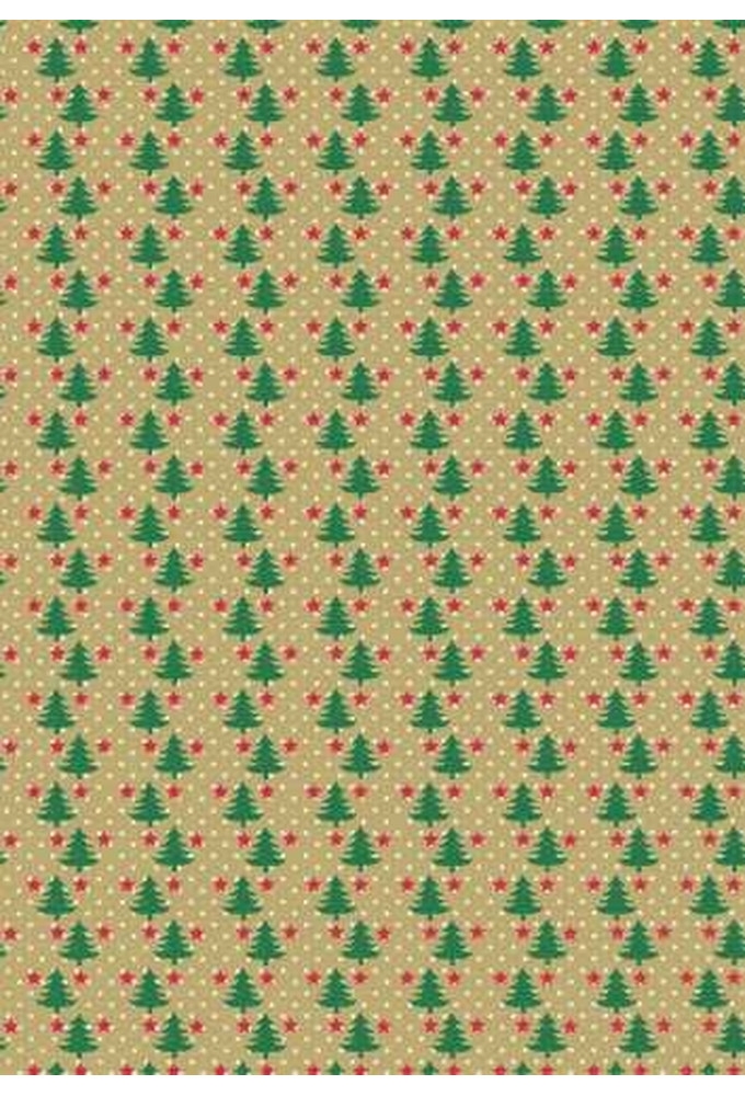 Kerstpapier Bruin Kraft Trees With Groen Rood Wit 40cm x 250meter