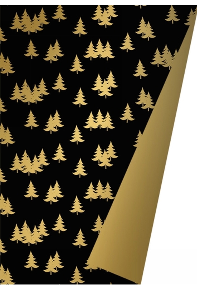 Kerstpapier Dubbelzijdig Xmas Trees Zwart & Goud 40 cm x 175meter