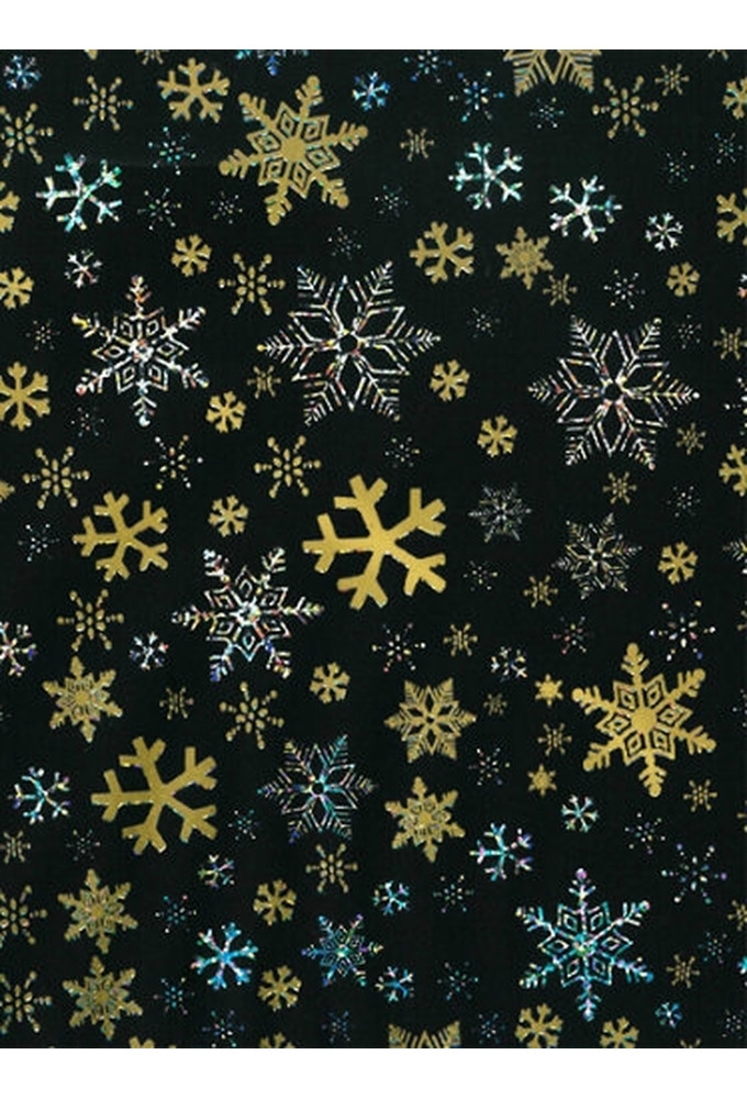 Kerstpapier Holographic snow crystal black & gold 70cm x 200meter