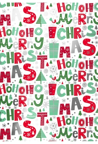 Kerstpapier Metallc iHoho Merry Xmas Rood & Wit & Groen 30 cm x 100m