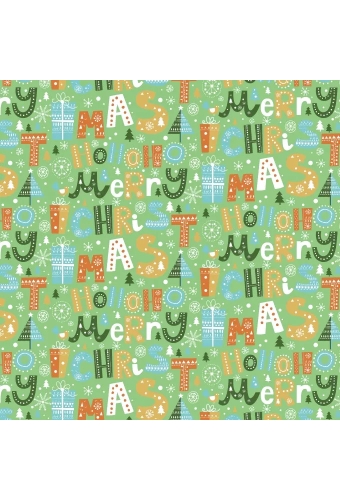 Kerstpapier Metallic Ho Ho Merry X Mas Green  70cm x 100meter