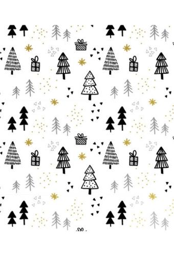 Kerstpapier Metallic pines & presents black & gold 70cm x 200meter
