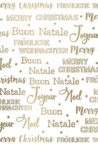 Kerstpapier Metallic wishing merry xmas wit goud 40cm x 125meter OP IS OP