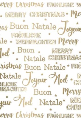 Kerstpapier Metallic wishing merry xmas wit goud 40cm x 125meter OP IS OP