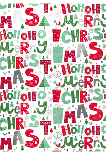 Kerstpapier Metallized Merry Xmas Wit Rood Groen 40cm x 100meter
