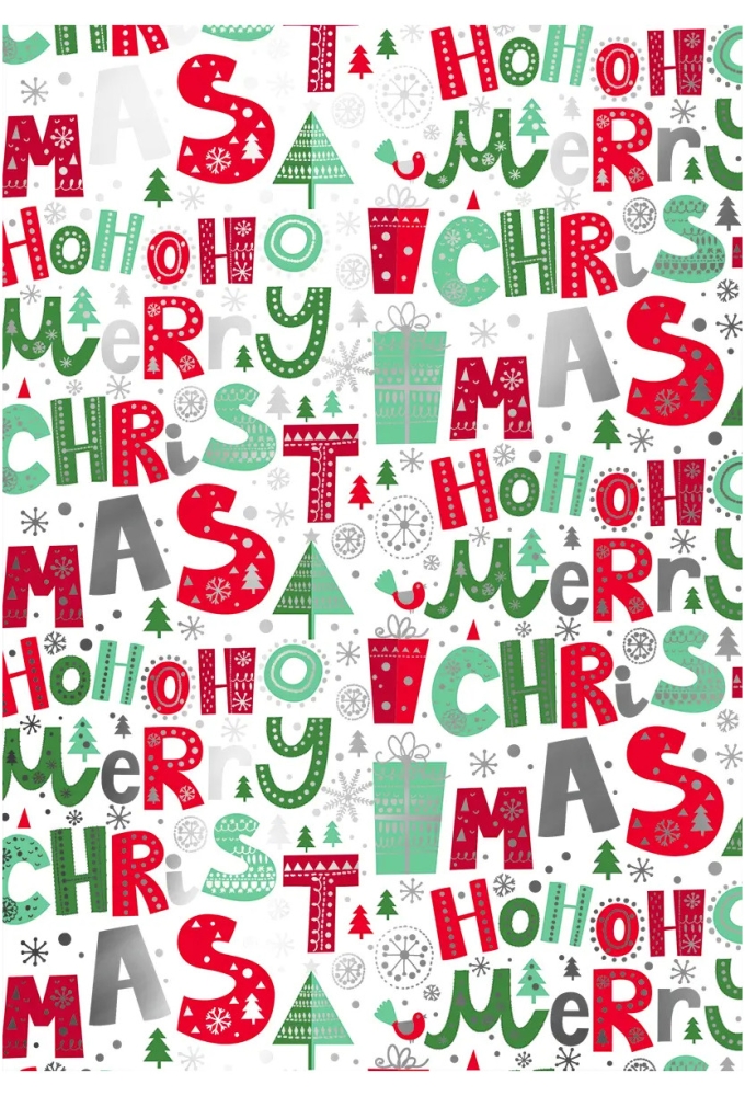 Kerstpapier Metallized Merry Xmas Wit Rood Groen 40cm x 100meter