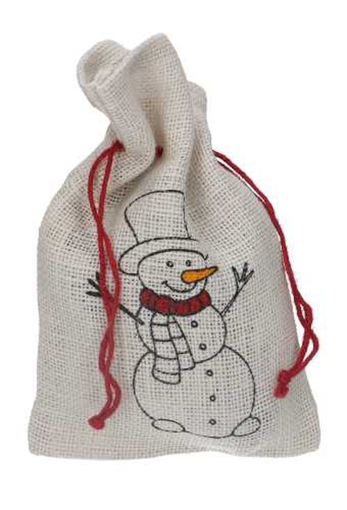 Kerstzakjes Jute Wit Merry Christmas Snowman 18x28cm 12stuks