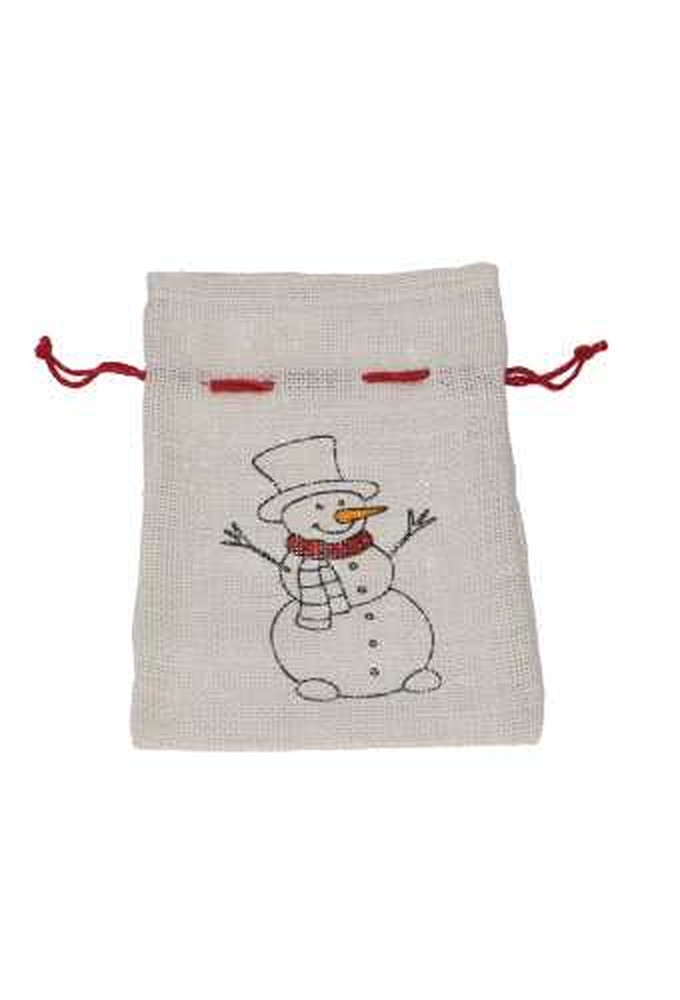 Kerstzakjes Jute Wit Merry Christmas Snowman 18x28cm 12stuks