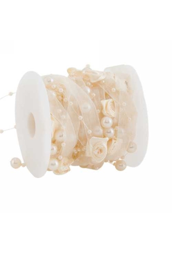 Organza Lint Balletjes & Roosjes Champagne 10mm x 5meter