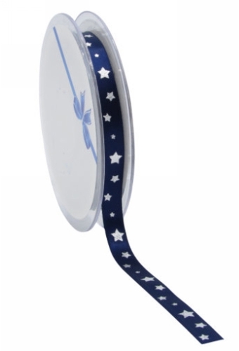 Satijn Lint Blauw Met Zilveren Sterren 10mm x 25meter