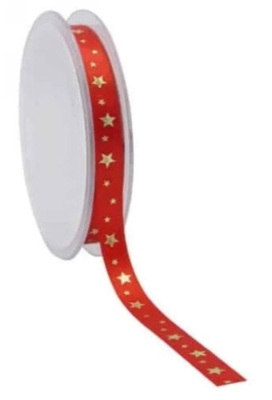 Satijn Lint Rood Met Gouden Sterren 10mm x 25meter