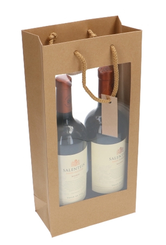 Wijnflestas Kraft Met XL Venster 18x9x38cm 2 fles 10stuks