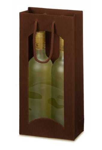 Wijntasje Met Venster 2fl Geribbeld Bruin 17x8.5x36cm 20stuks