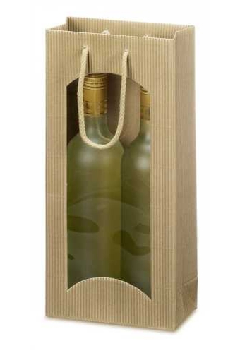 Wijntasje Met Venster 2fl Geribbeld Naturel 17x8.5x36cm 20stuks