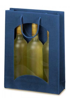 Wijntasje Met Venster 3 fles Geribbeld Blauw 25x8.5x36cm 20stuks