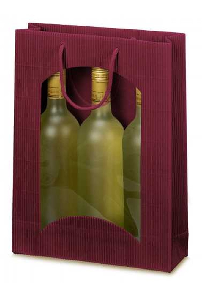 Wijntasje Met Venster 3 fles Geribbeld Bordeaux 25x8.5x36cm.20stuks