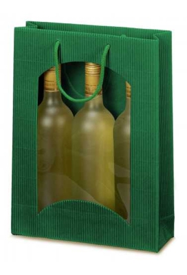 Wijntasje Met Venster 3 fles Geribbeld Groen 25x8.5x36cm 20stuks