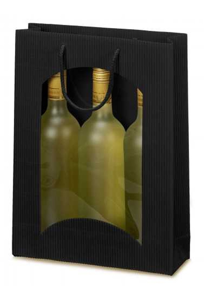 Wijntasje Met Venster 3 fles Geribbeld Zwart 25x8.5x36cm 20stuks