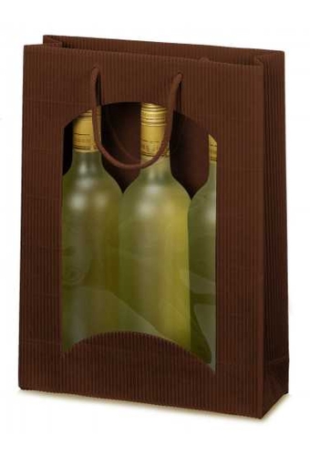 Wijntasje Met Venster 3 fles Geribbeld bruin 25x8.5x36cm 20stuks