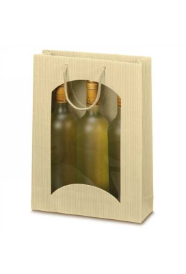 Wijntasje Met Venster 3fl Geribbeld Creme 25x8.5x36cm 20stuks