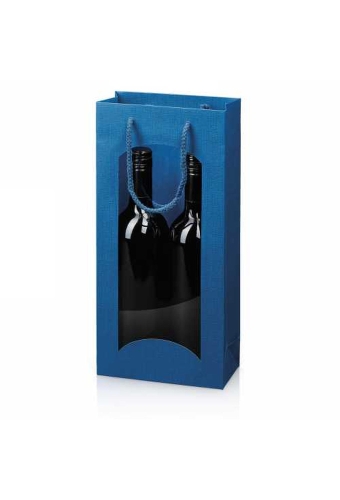 Wijntasje Venster Linnentextuur Blauw 2 fles 17x8.5x36cm.20stuks