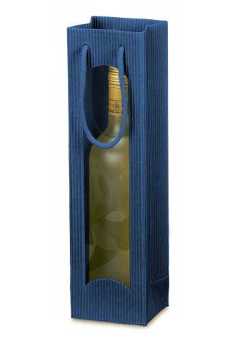 Wijntasjes Met Venster 1fles Geribbeld Blauw 10x8.5x36cm 20stuks