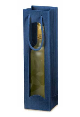 Wijntasjes Met Venster 1fles Geribbeld Blauw 10x8.5x36cm 20stuks