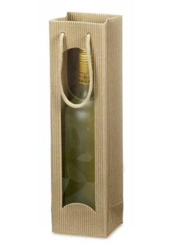Wijntasjes Met Venster 1fles Geribbeld Naturel 10x8.5x36cm 20stuks