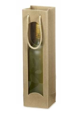 Wijntasjes Met Venster 1fles Geribbeld Naturel 10x8.5x36cm 20stuks