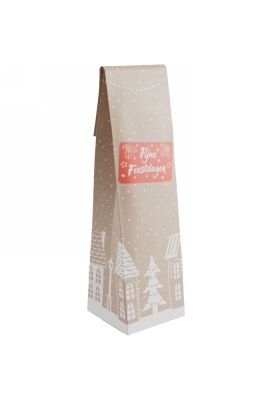 Wijnzak 1-Fles Huisje Fijne Feestdagen 9.5x9.5x41cm 25stuks