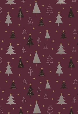 Kerstpapier Coated christmas trees aubergine goud 50cm x 200meter