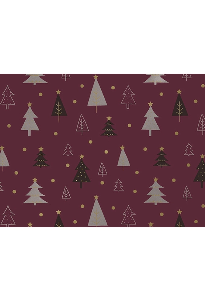 Kerstpapier Coated christmas trees aubergine goud 50cm x 200meter