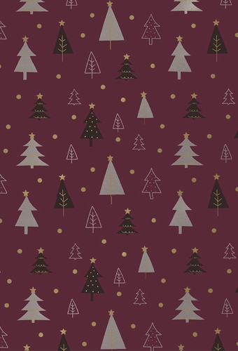 Kerstpapier Coated christmas trees aubergine goud 70cm x 200meter