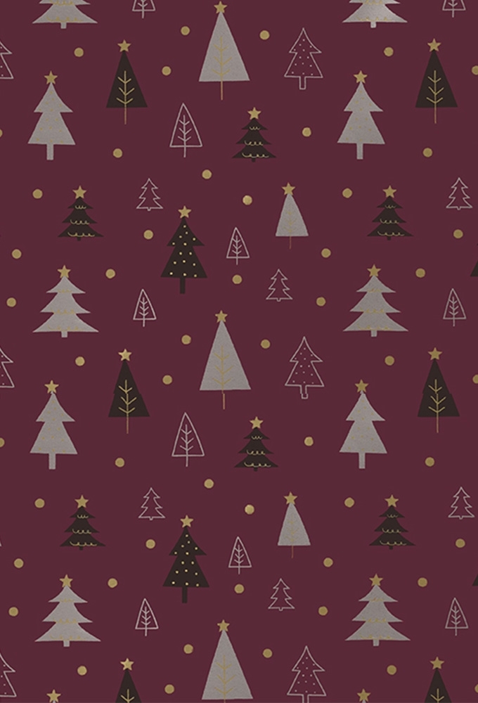 Kerstpapier Coated christmas trees aubergine goud 70cm x 200meter