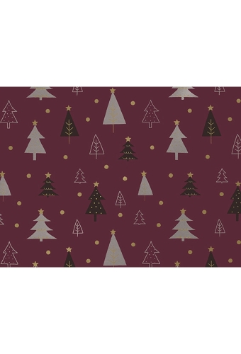Kerstpapier Coated christmas trees aubergine goud 70cm x 200meter