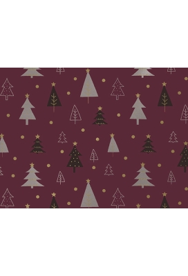 Kerstpapier Coated christmas trees aubergine goud 70cm x 200meter