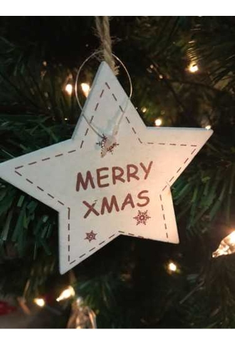 Decoratie Hanger Houten Merry Xmas Ster & Koord 8.5cm 1stuks OP IS OP