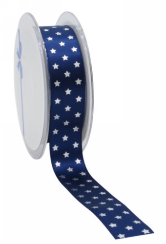 Kerstlint Satijn Lint Twinkling Stars Blauw & Zilver 23mm x 25meter